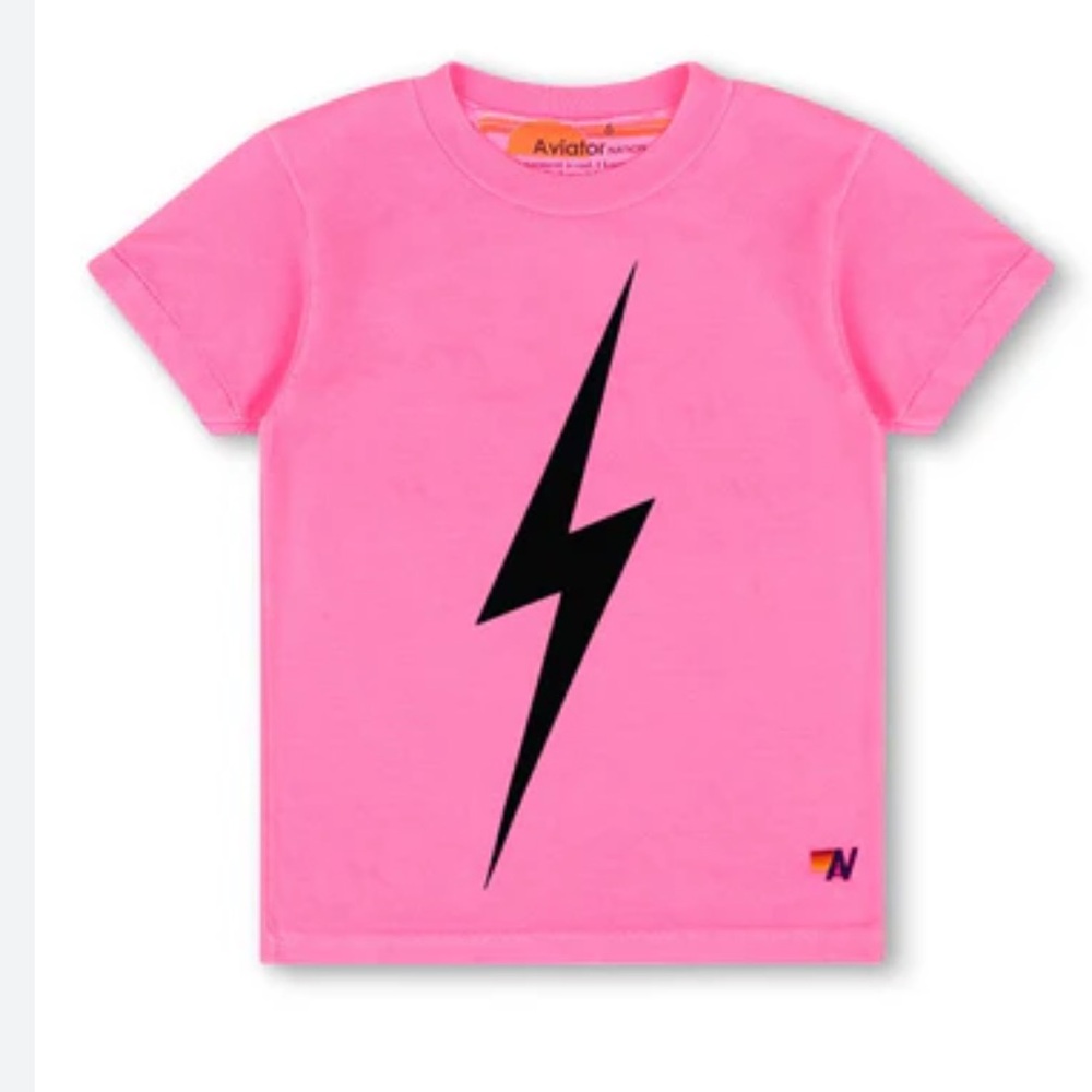 Aviator Nation Kids Neon Pink Tee with Black Lightning Bolt